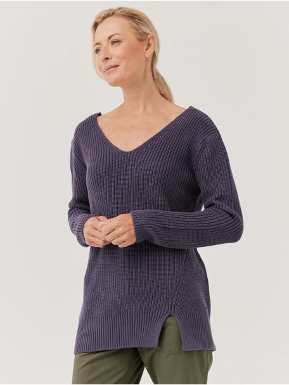 Pact Women's Double V-Neck Tunic Sweater Organic Cotton Small S Purple Currant